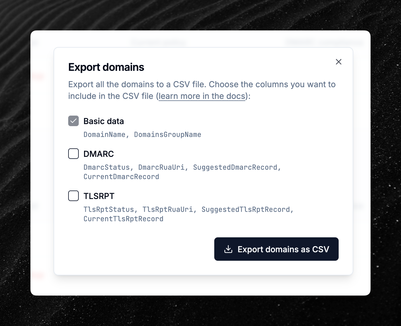 Export domains UI