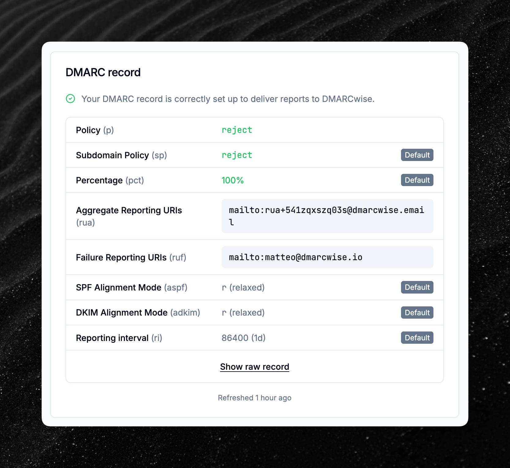 DMARC record table showing that some tags have default values