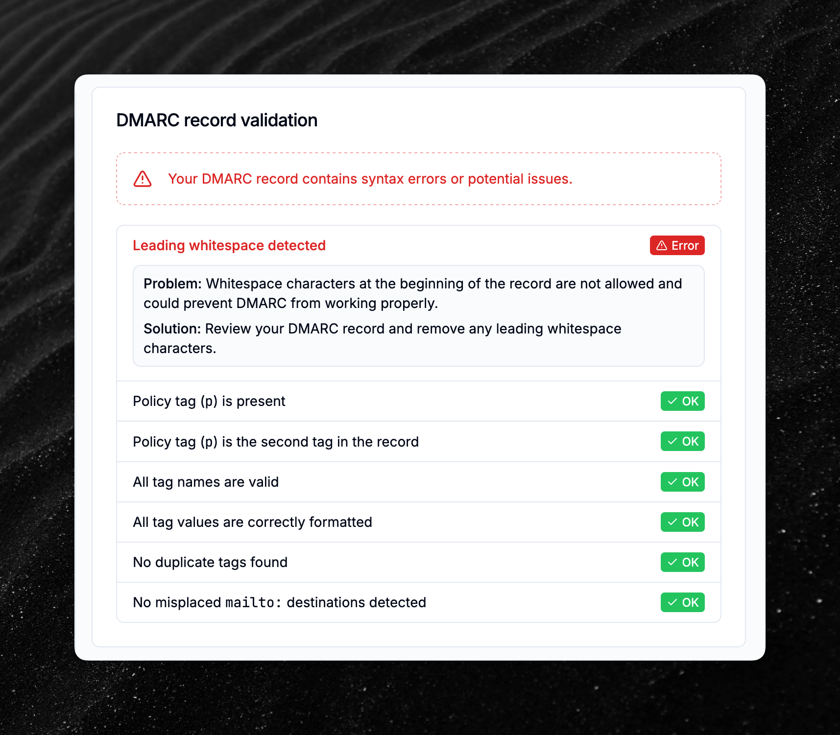 DMARC record validation issues table