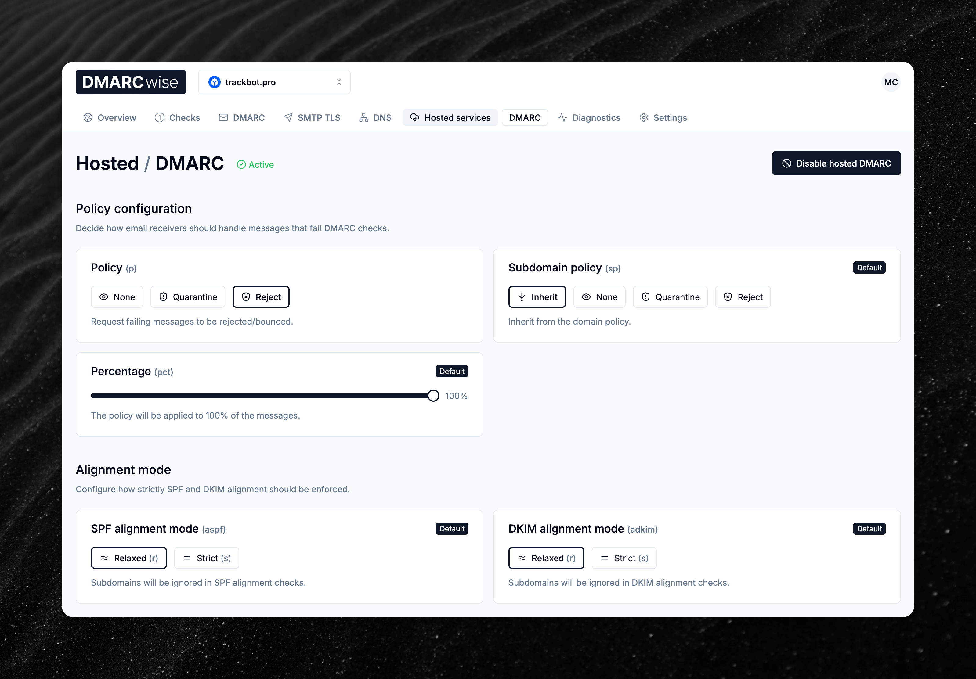 Hosted DMARC settings user interface
