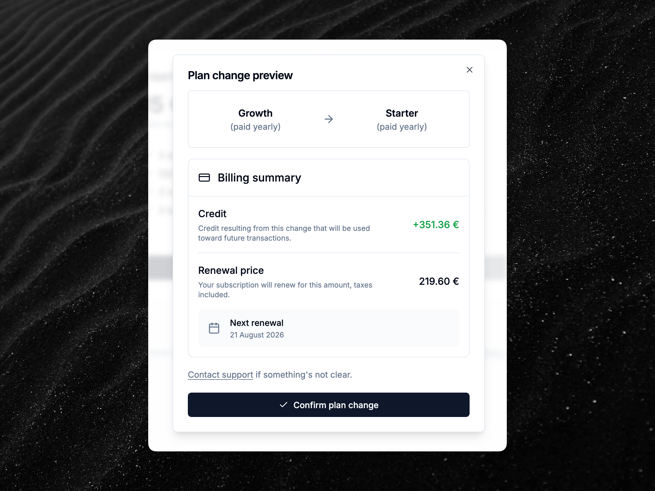 Preview plan change dialog example