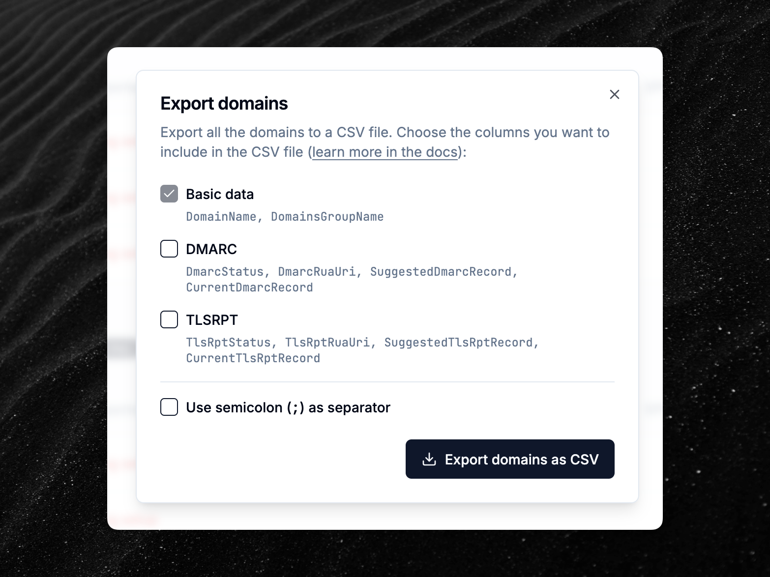 Export domains dialog user interface