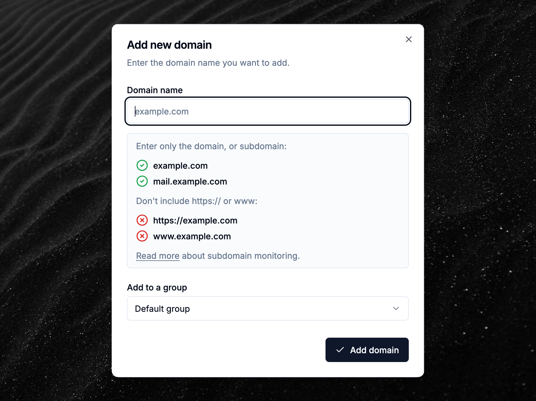 New add domain dialog