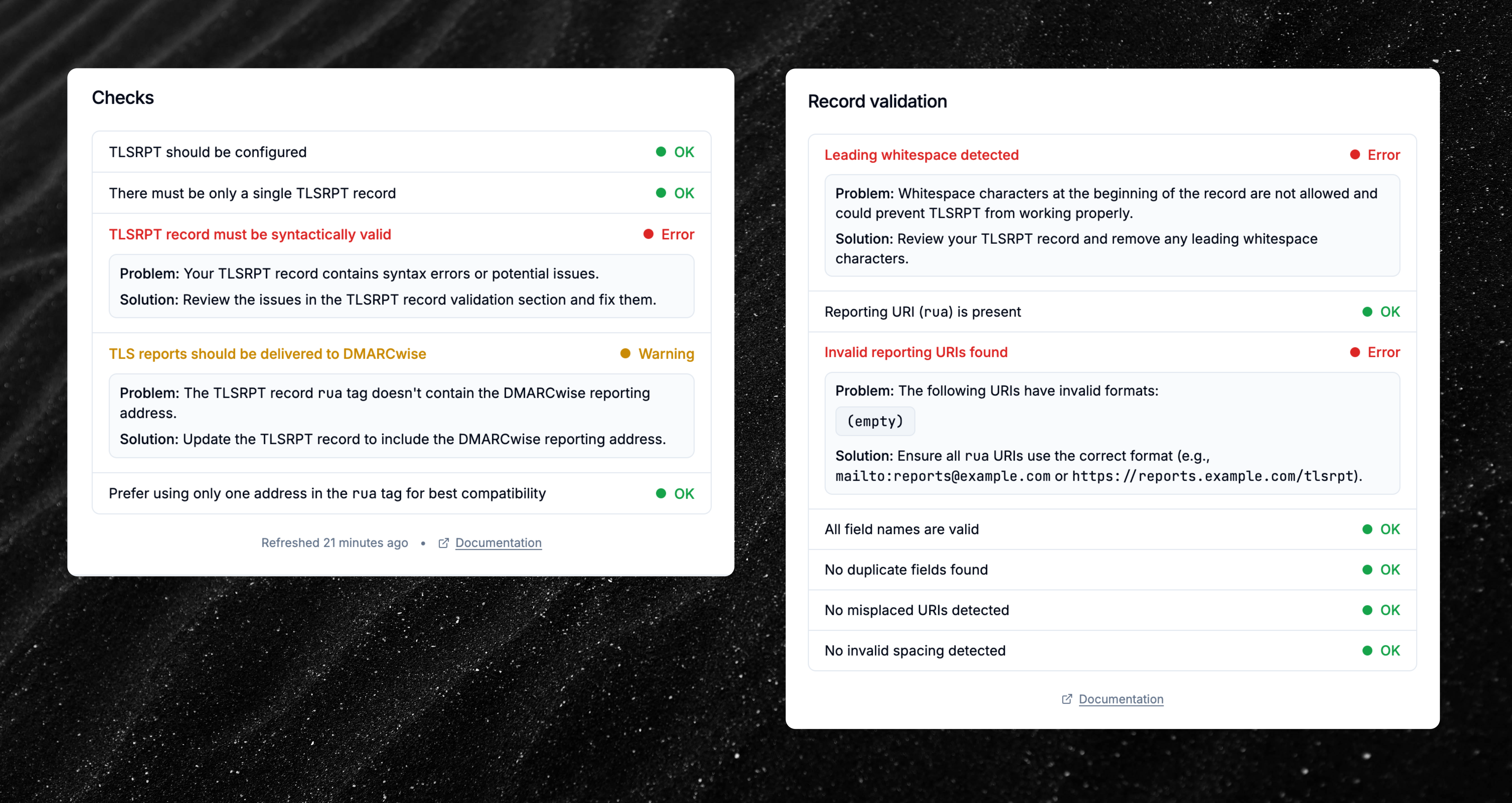TLSRPT checks and record validation cards in the dashboard