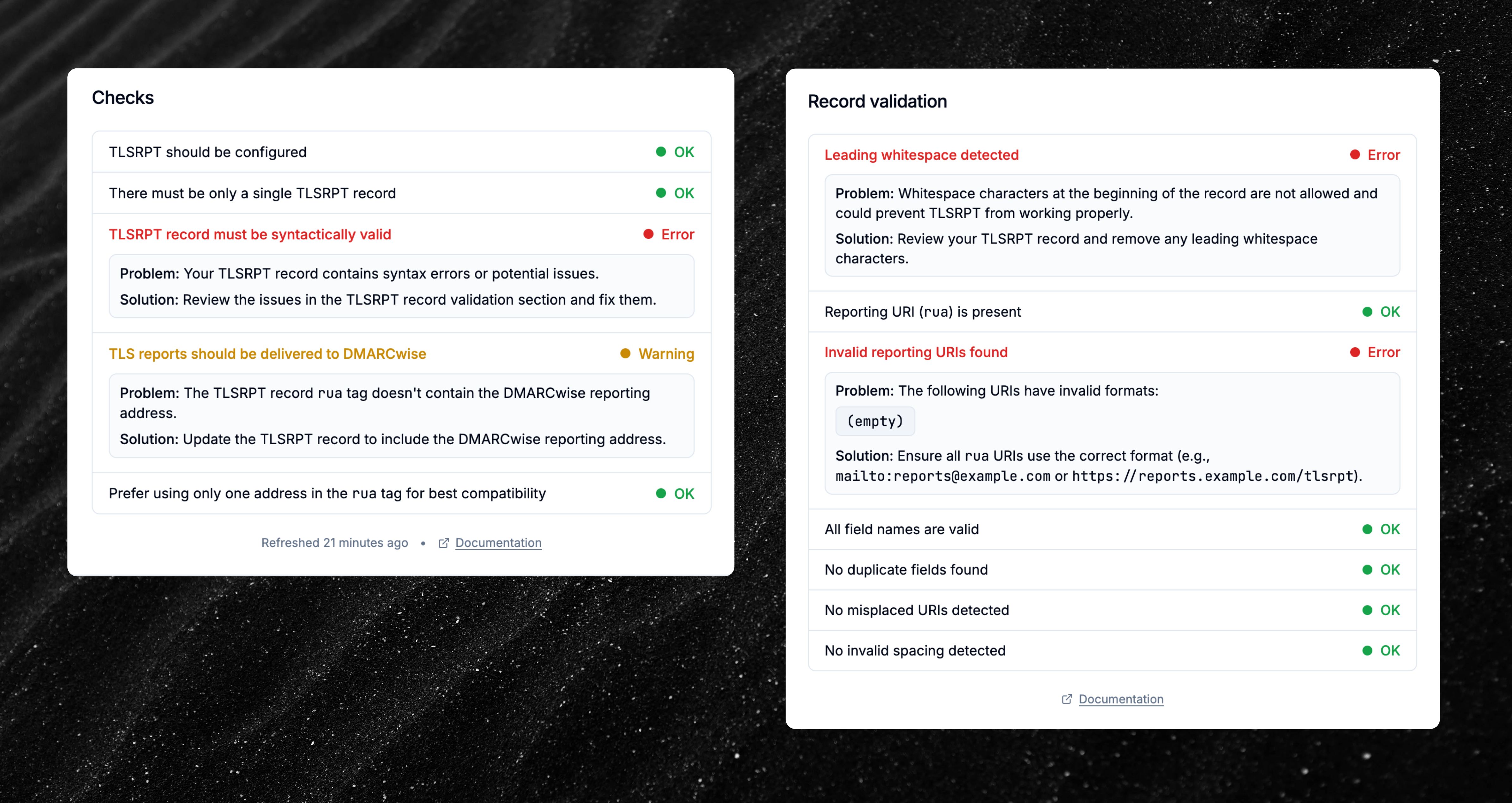 TLSRPT checks and record validation cards in the dashboard