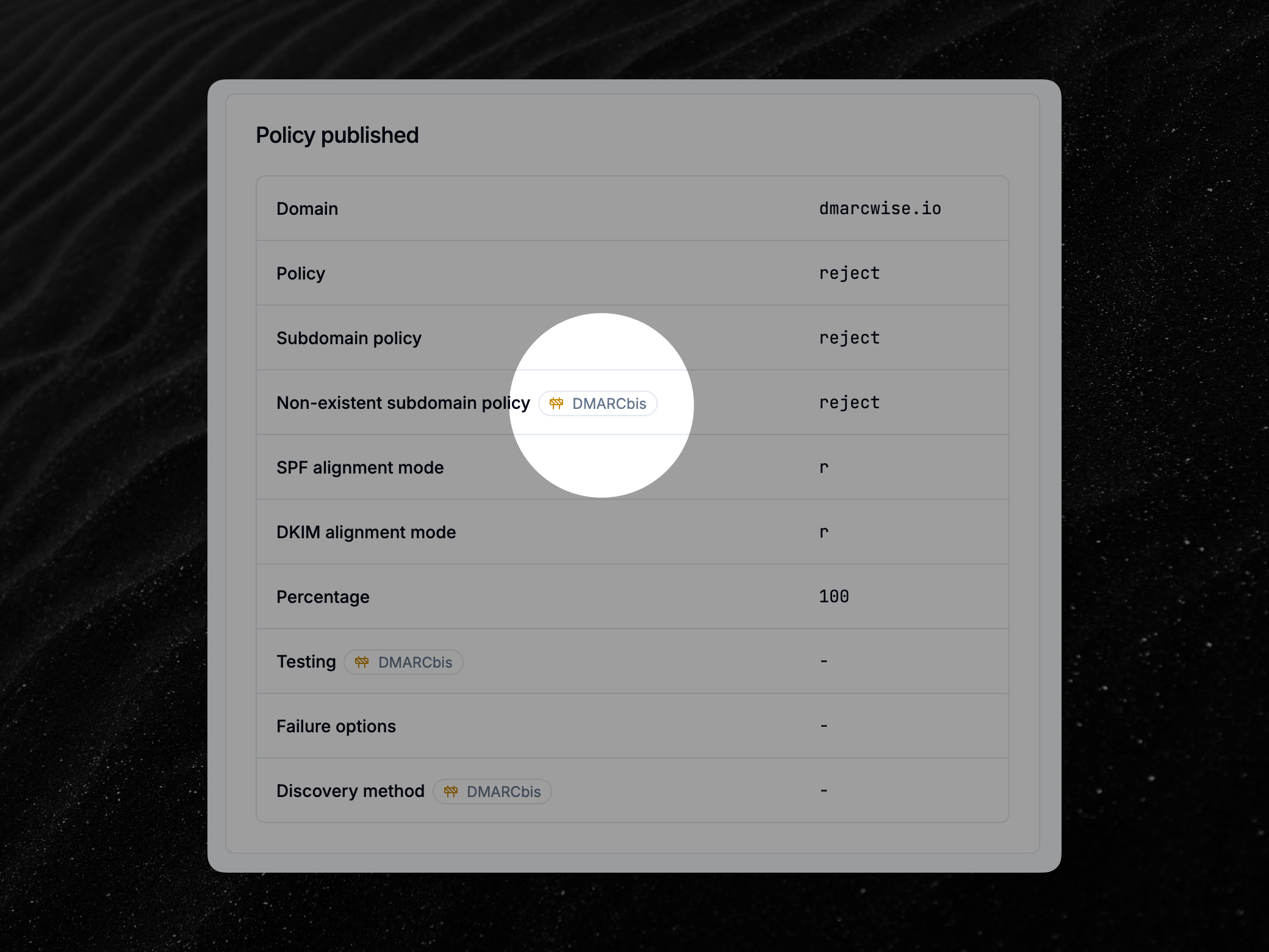DMARC report page showing some fields introduced in the DMARCbis specification