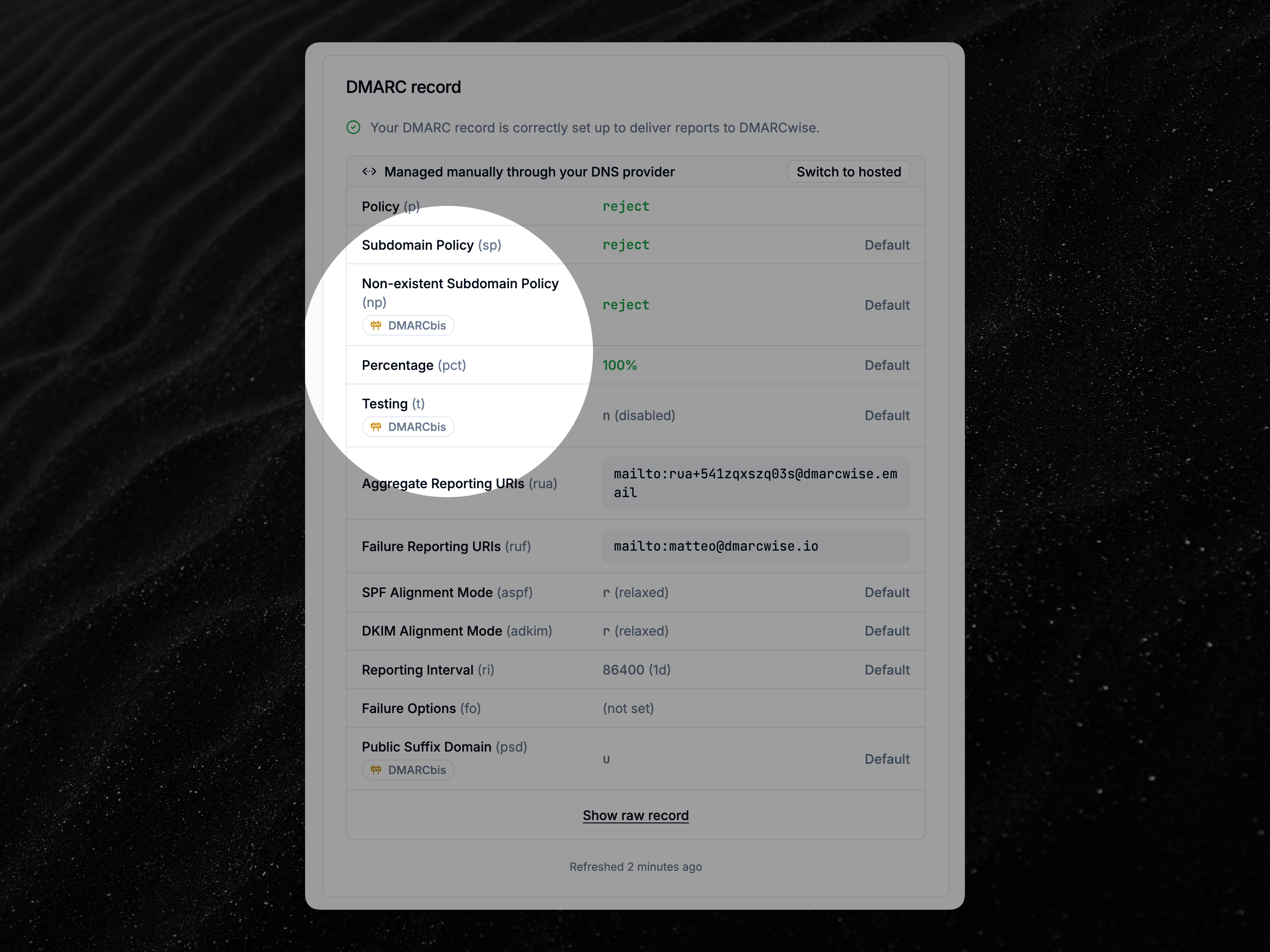 DMARC record overview page showing some tags introduced in the DMARCbis specification