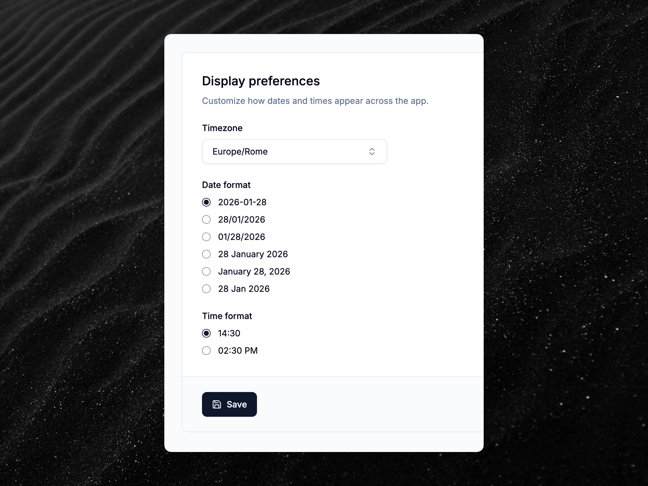 Account display preferences page