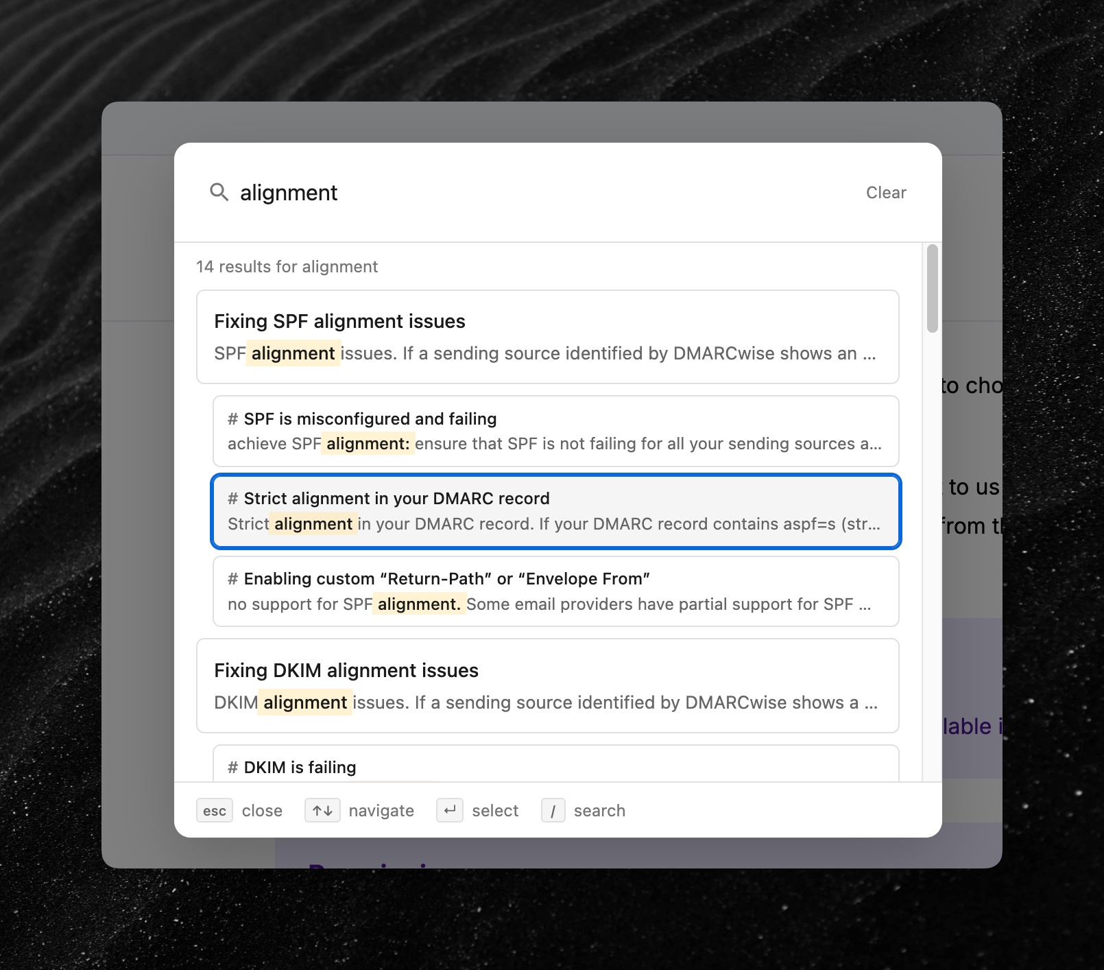 Documentation search dialog