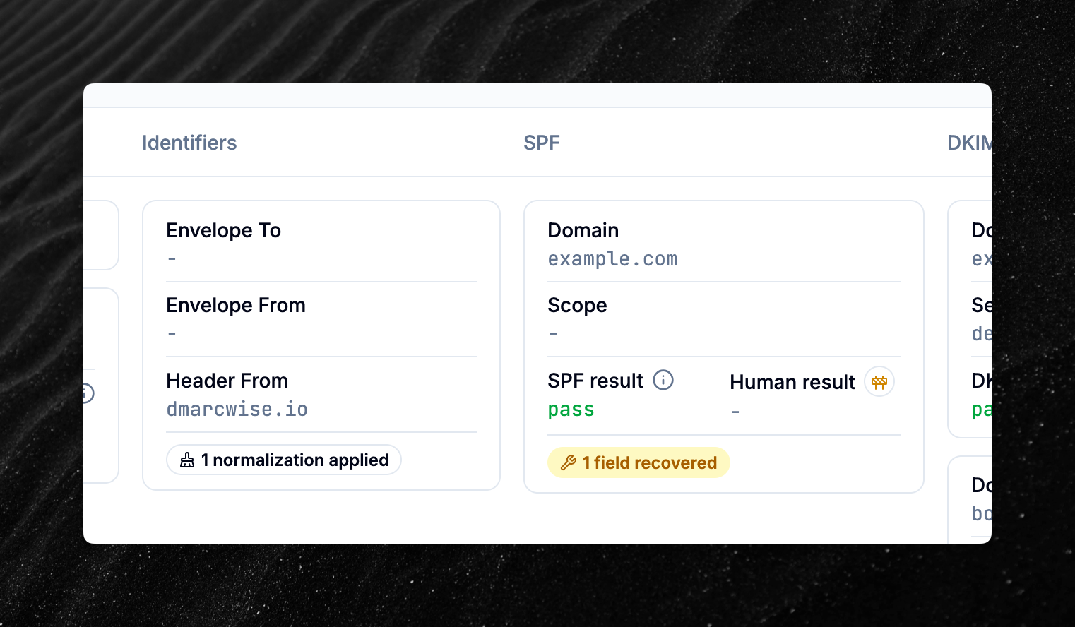DMARC report corrections badges shown on a report