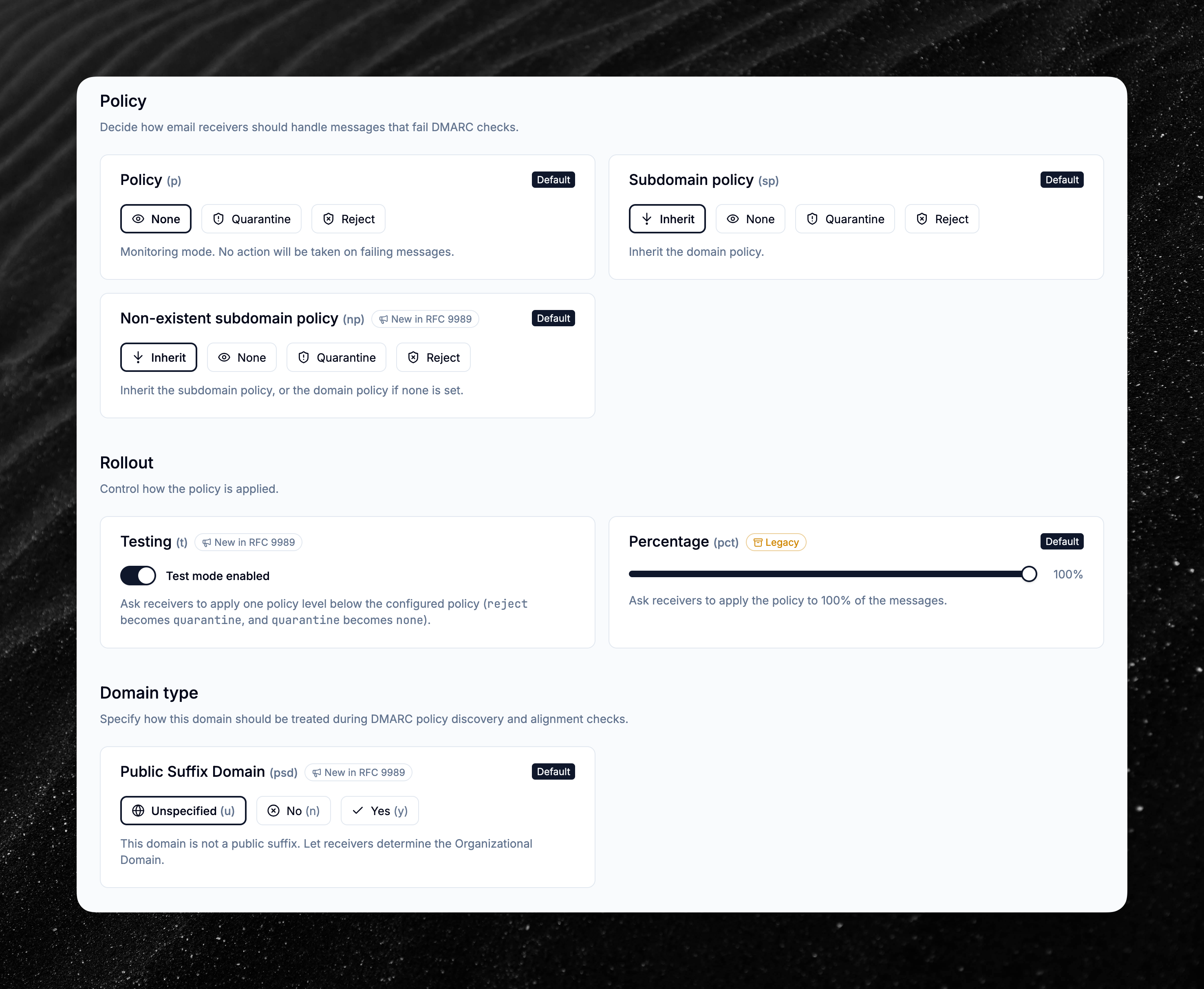 Hosted DMARC configuration page showing the new tags