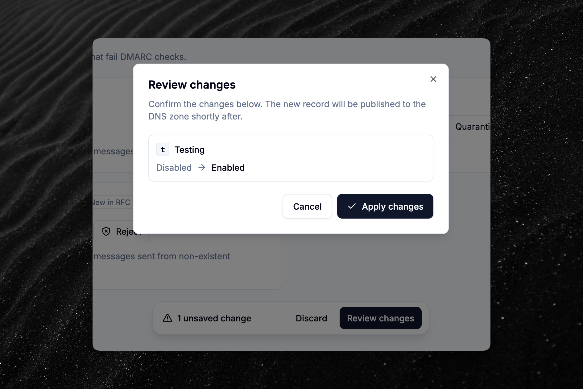 Hosted DMARC dashboard page showing review changes dialog