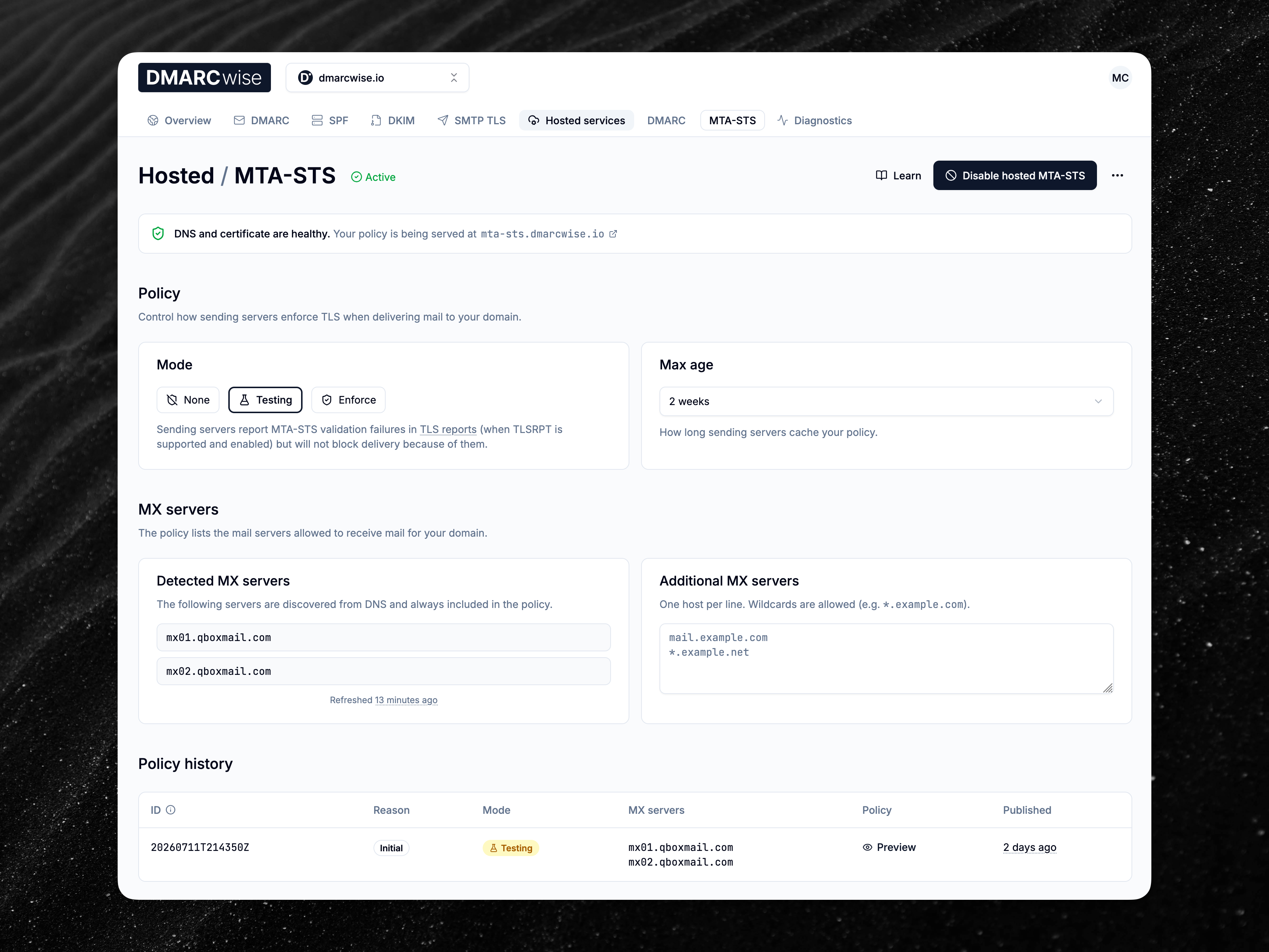 The new hosted MTA-STS configuration page