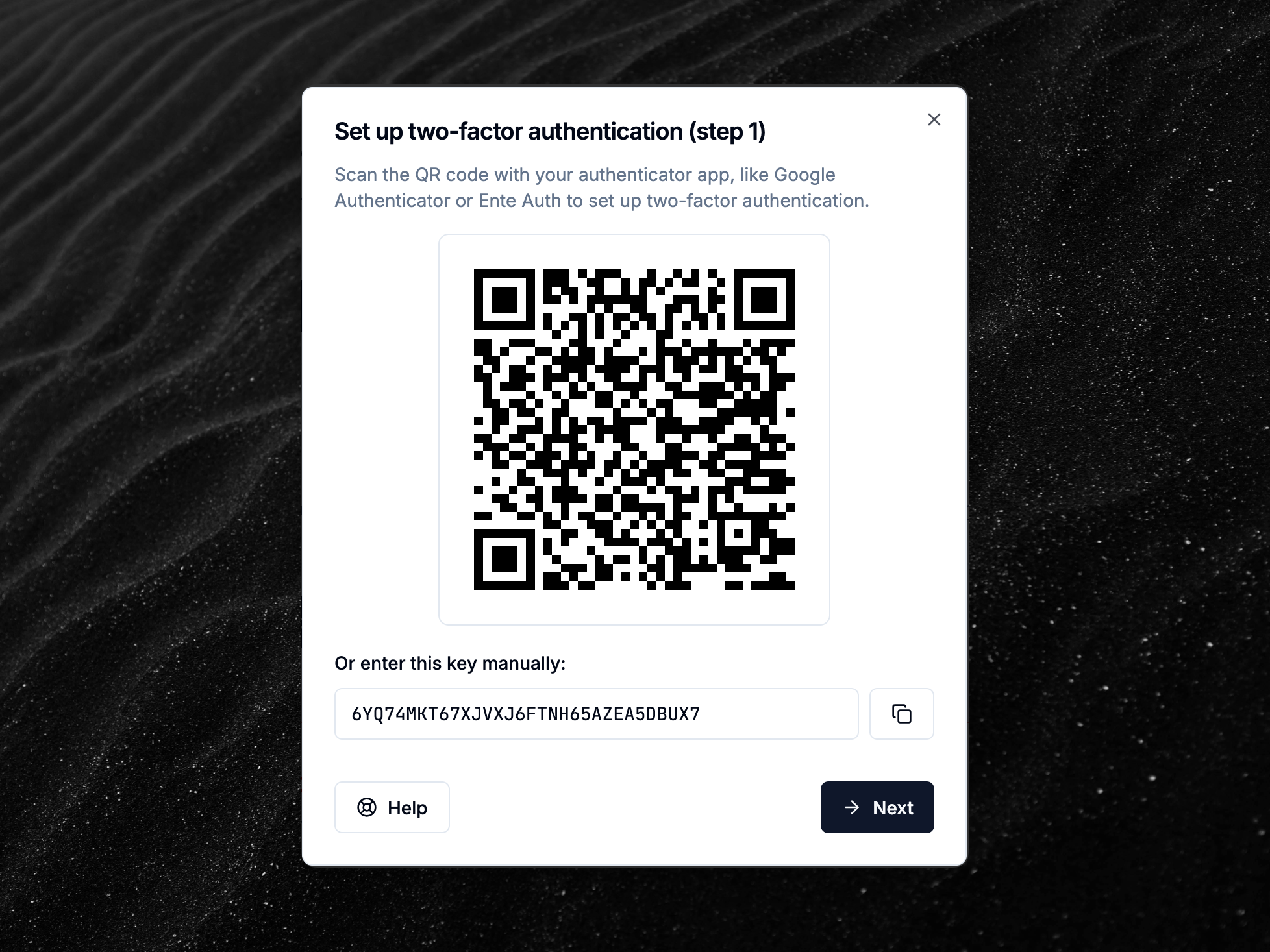 Two-factor authentication setup window
