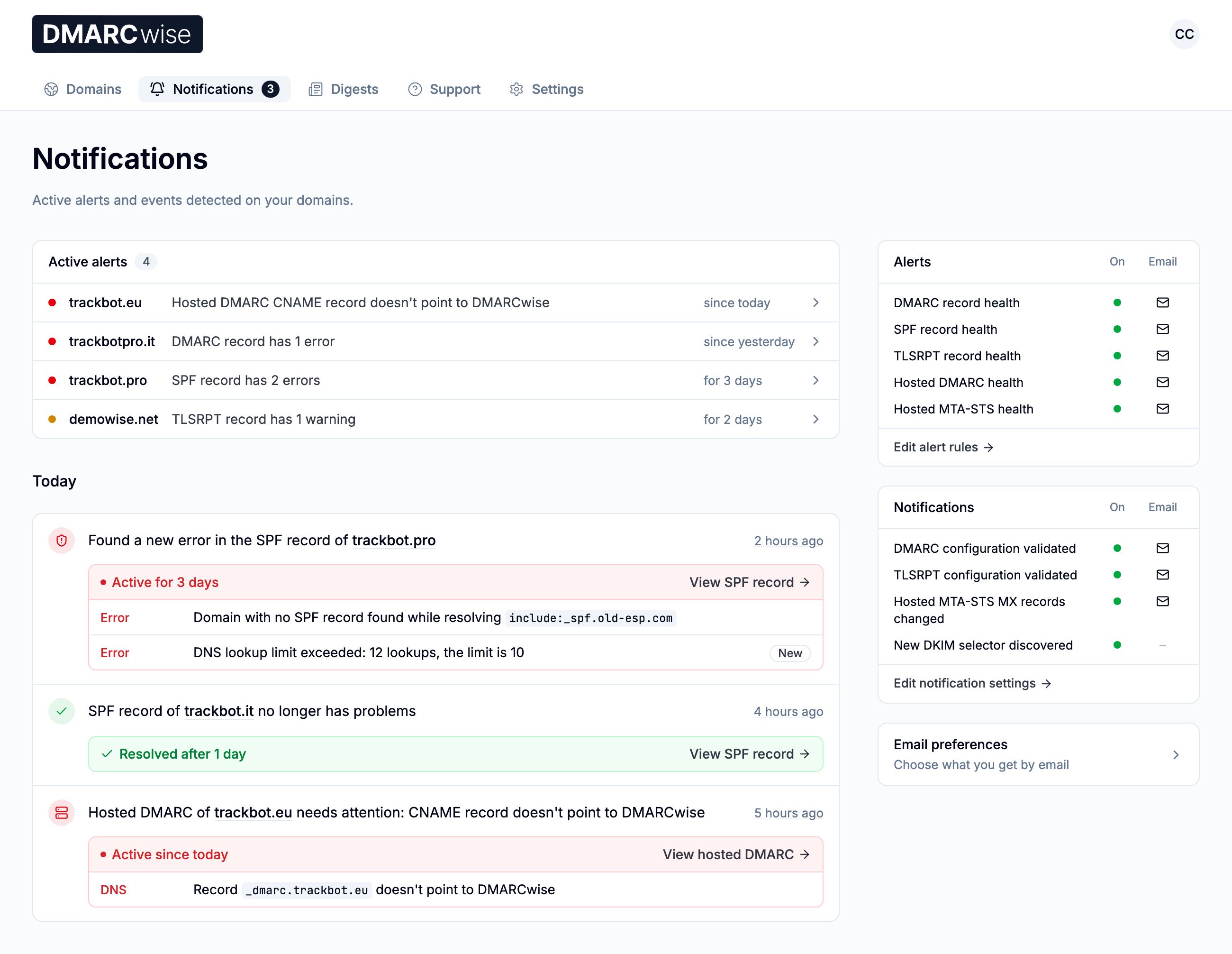 Active alerts and problem details in the DMARCwise notification center