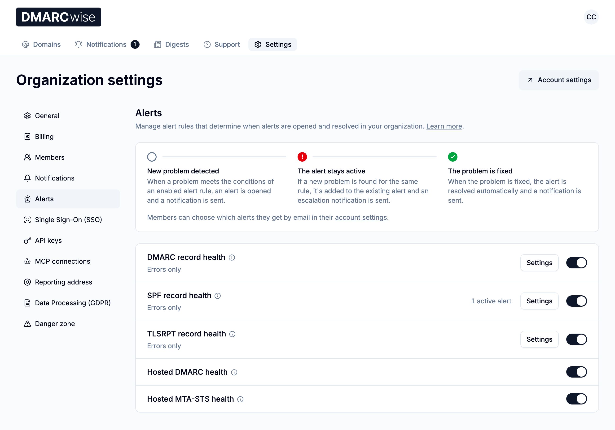 Alert rules with their switches and settings