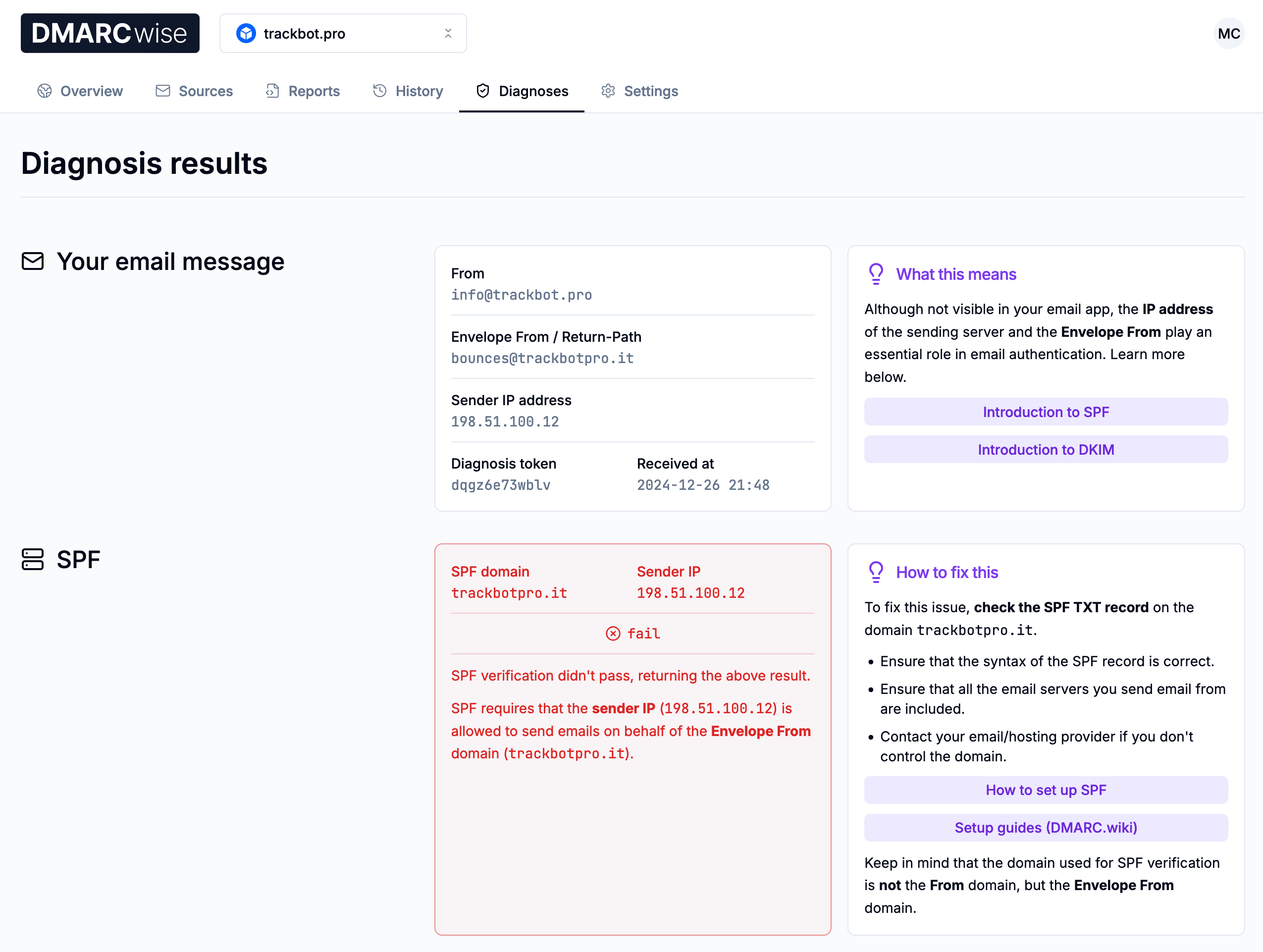 Diagnostics result page