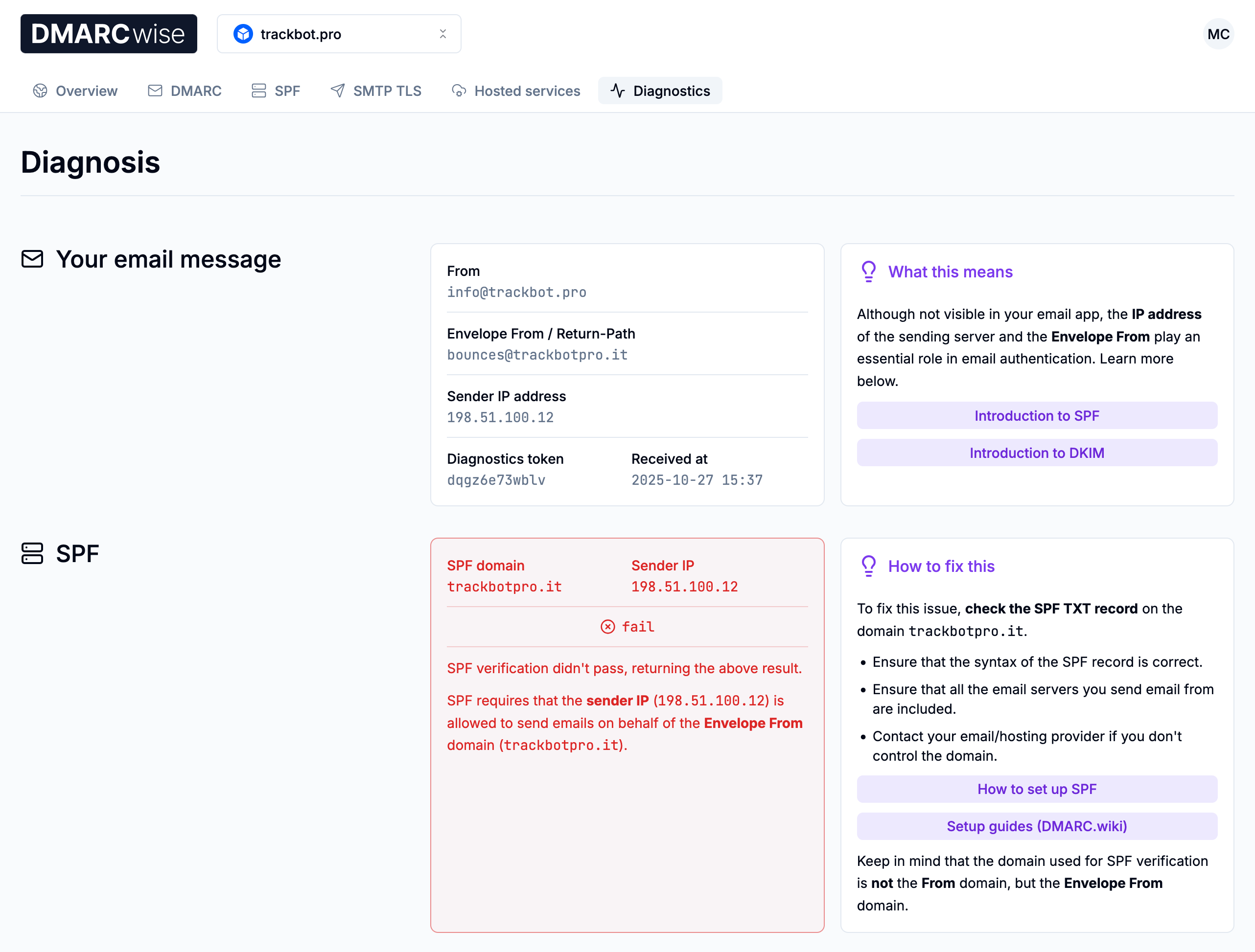 Diagnostics result page