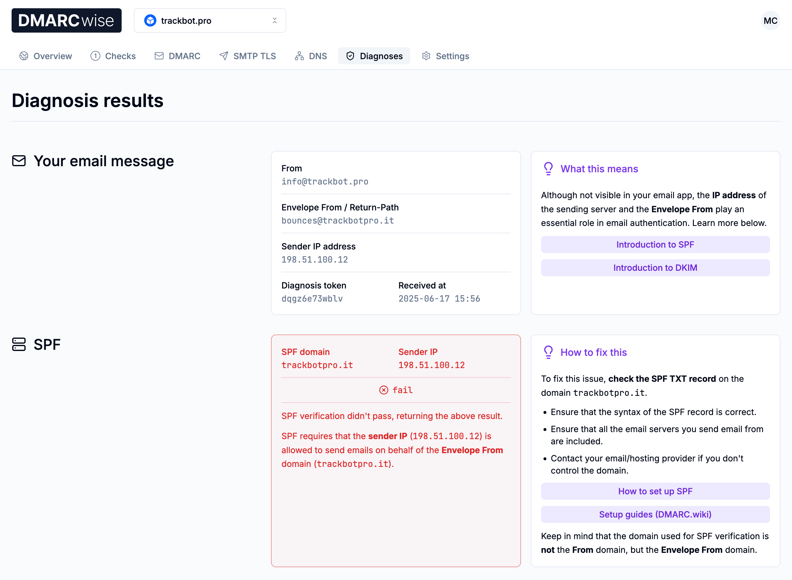 Diagnostics result page