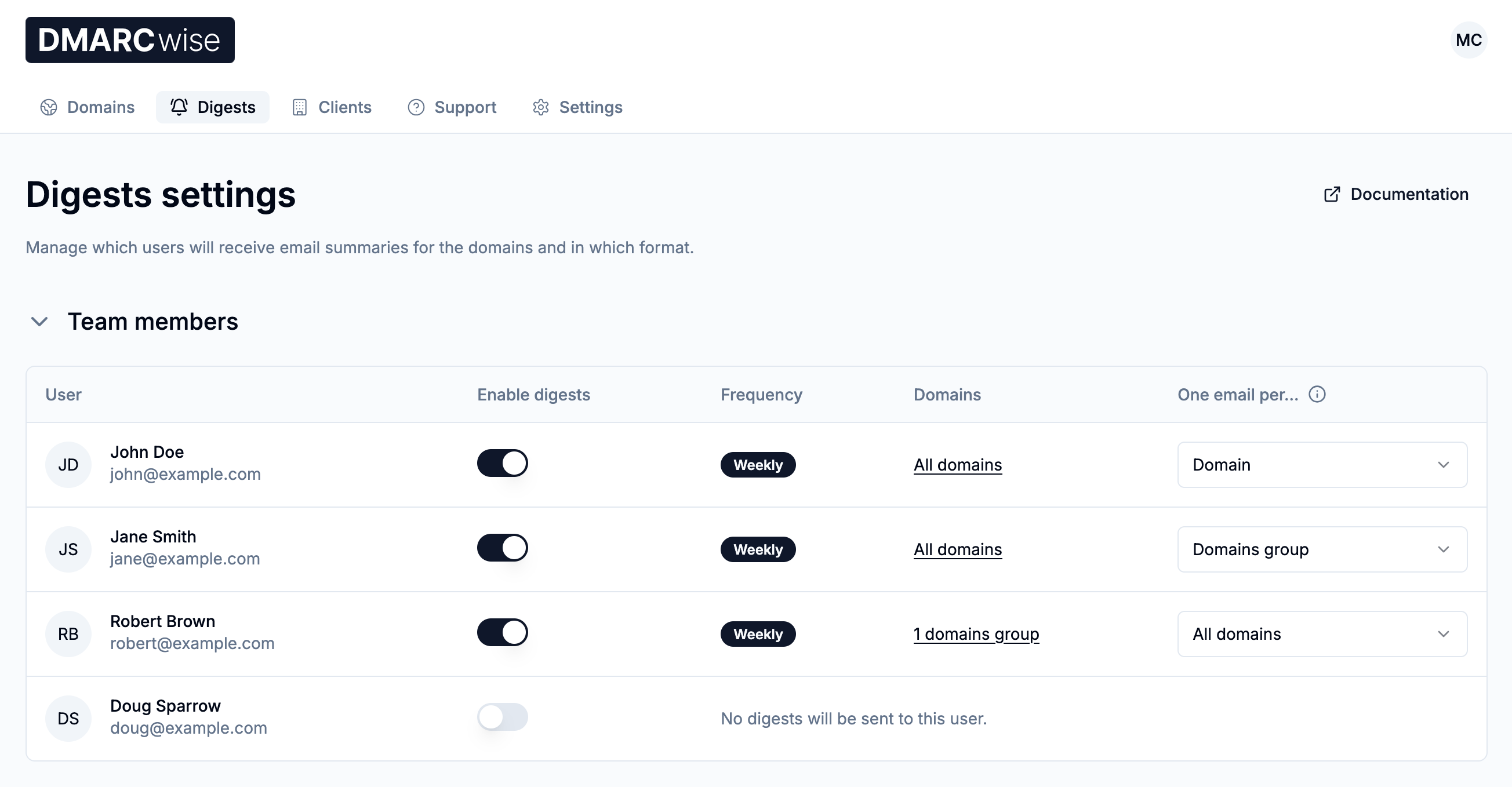 Digests settings page