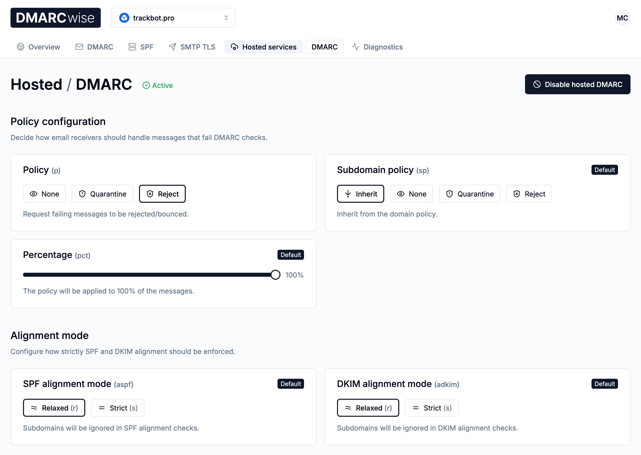 Hosted DMARC settings user interface