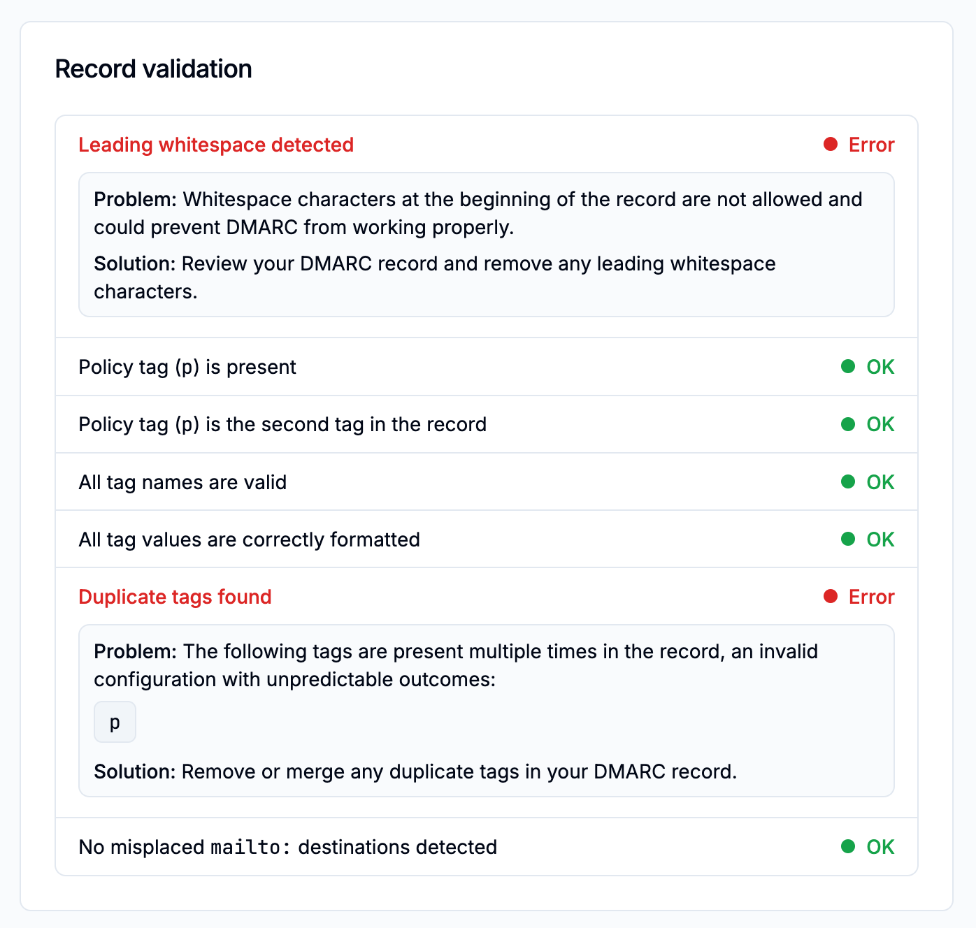 DMARC record validation issues list example