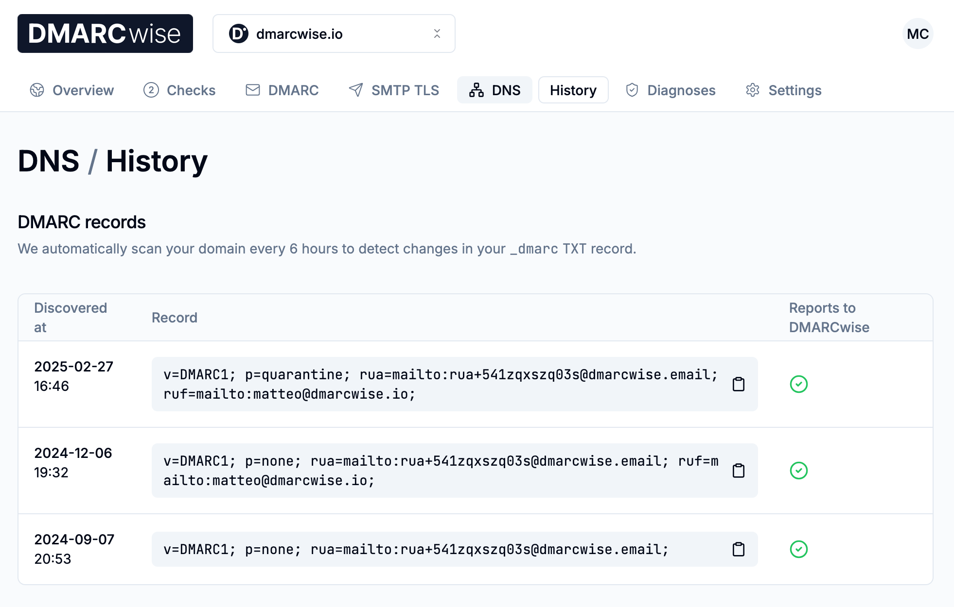 DNS history page