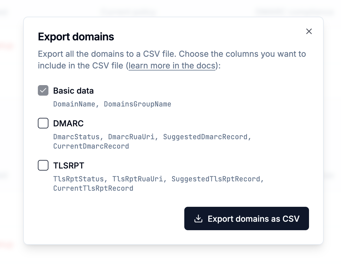 Domains export dialog