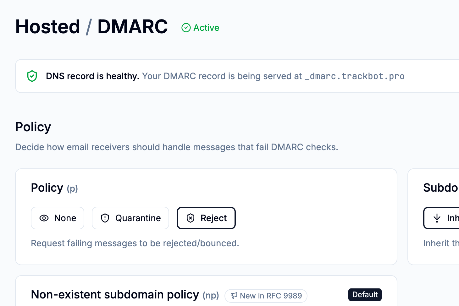 Hosted DMARC for trackbot.pro with the policy set to reject