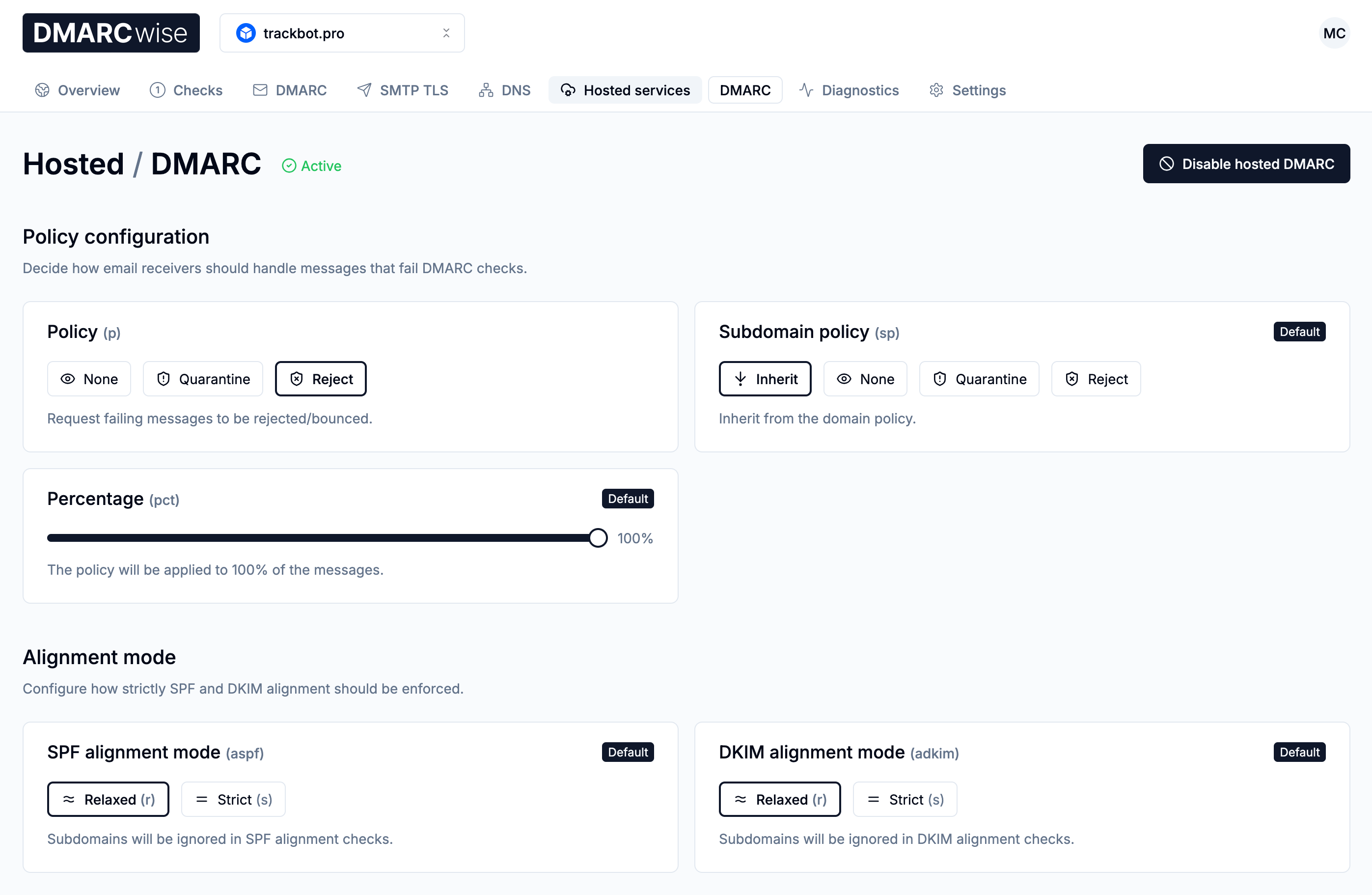 DMARCwise hosted DMARC page showing policy and alignment controls