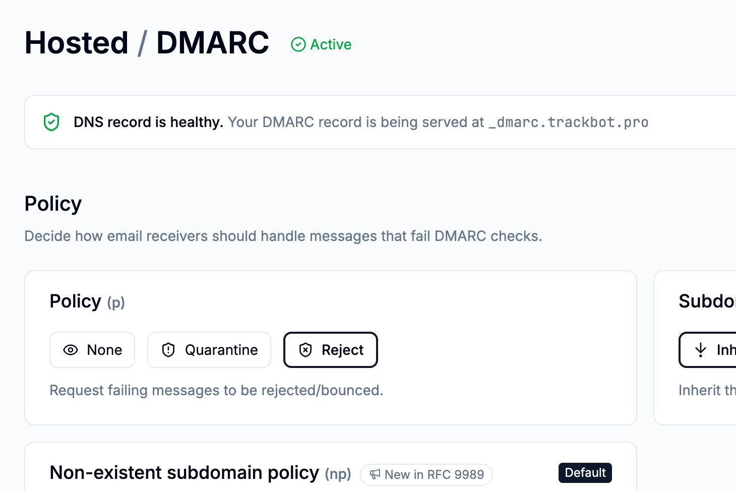 Hosted DMARC for trackbot.pro with the policy set to reject