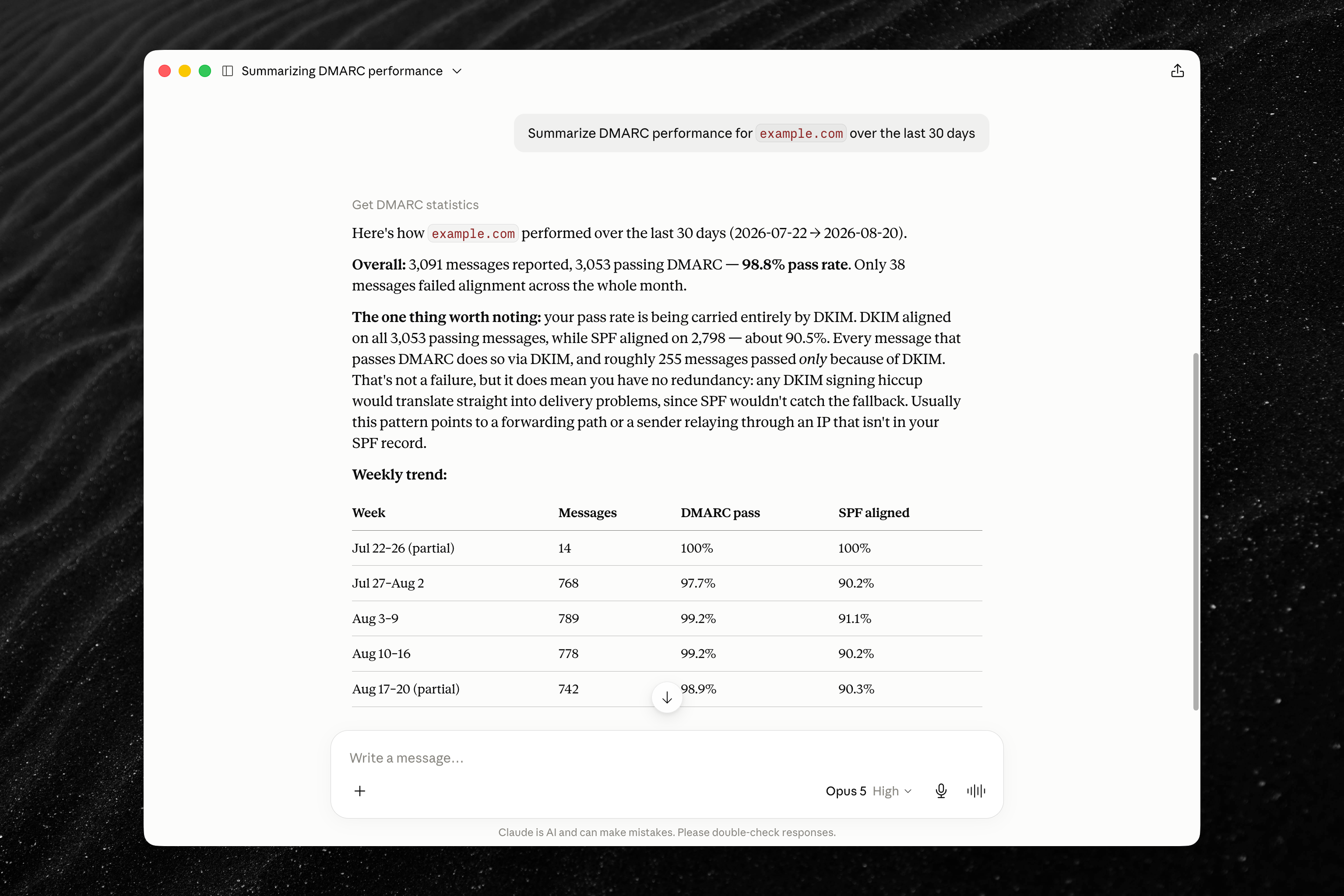 Example conversation with Claude using the DMARCwise MCP server