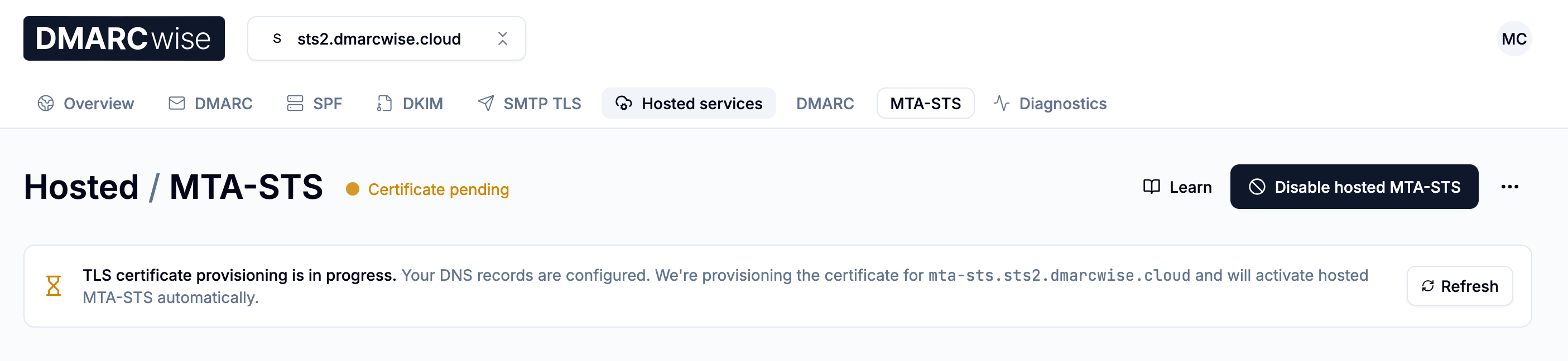 Hosted MTA-STS showing certificate provisioning status