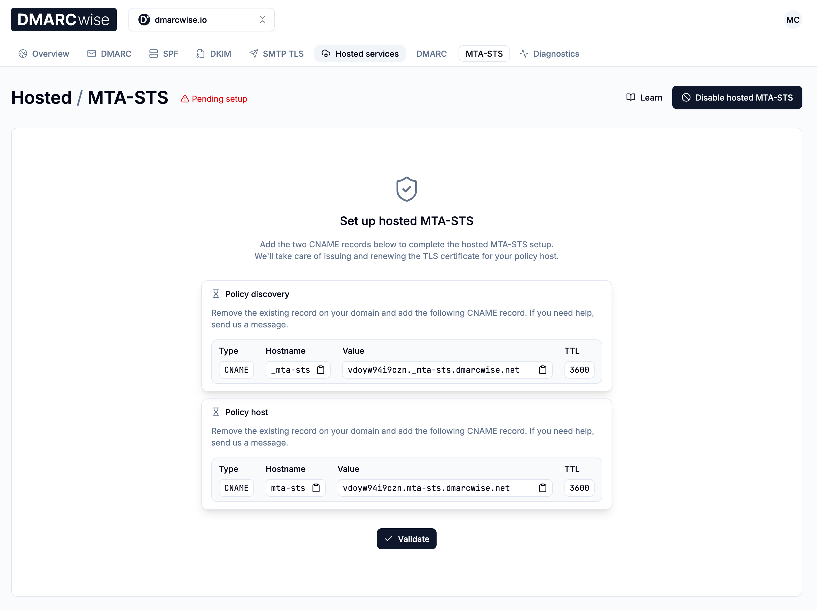 Hosted MTA-STS onboarding page showing both CNAME records