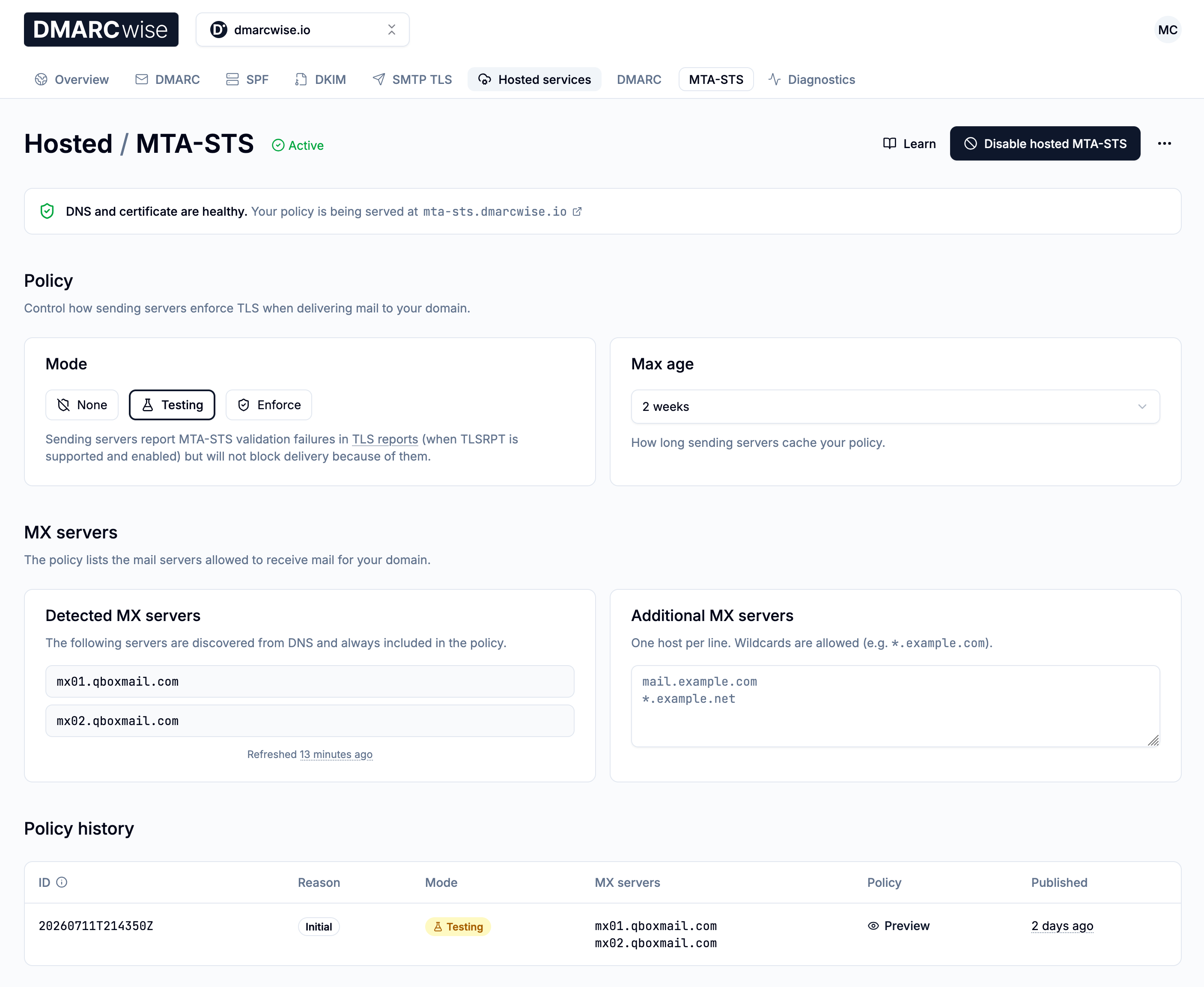 Hosted MTA-STS configuration page
