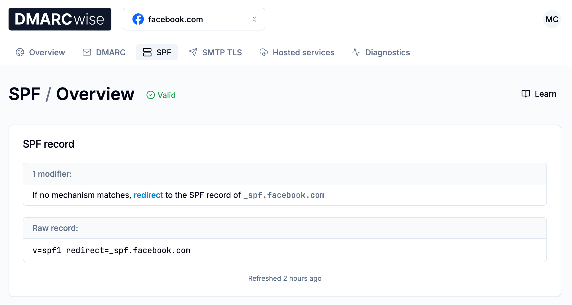 SPF overview page with the modifiers table