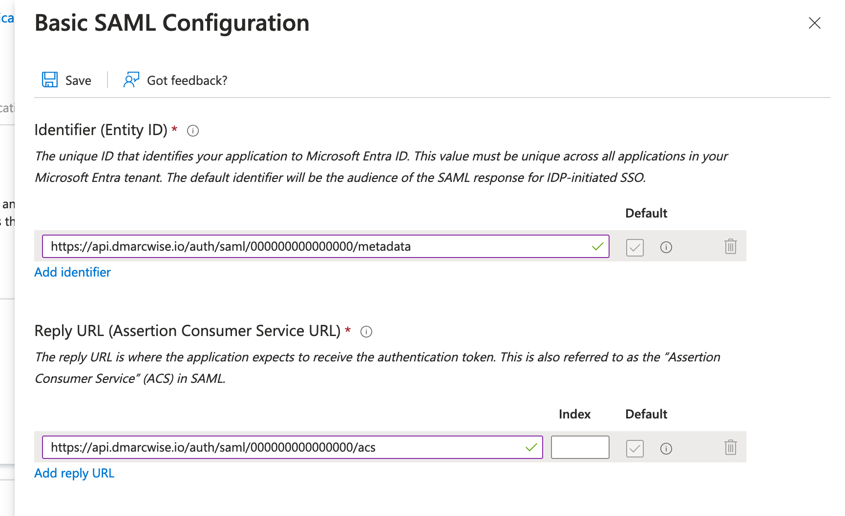 Microsoft Entra ID SAML configuration