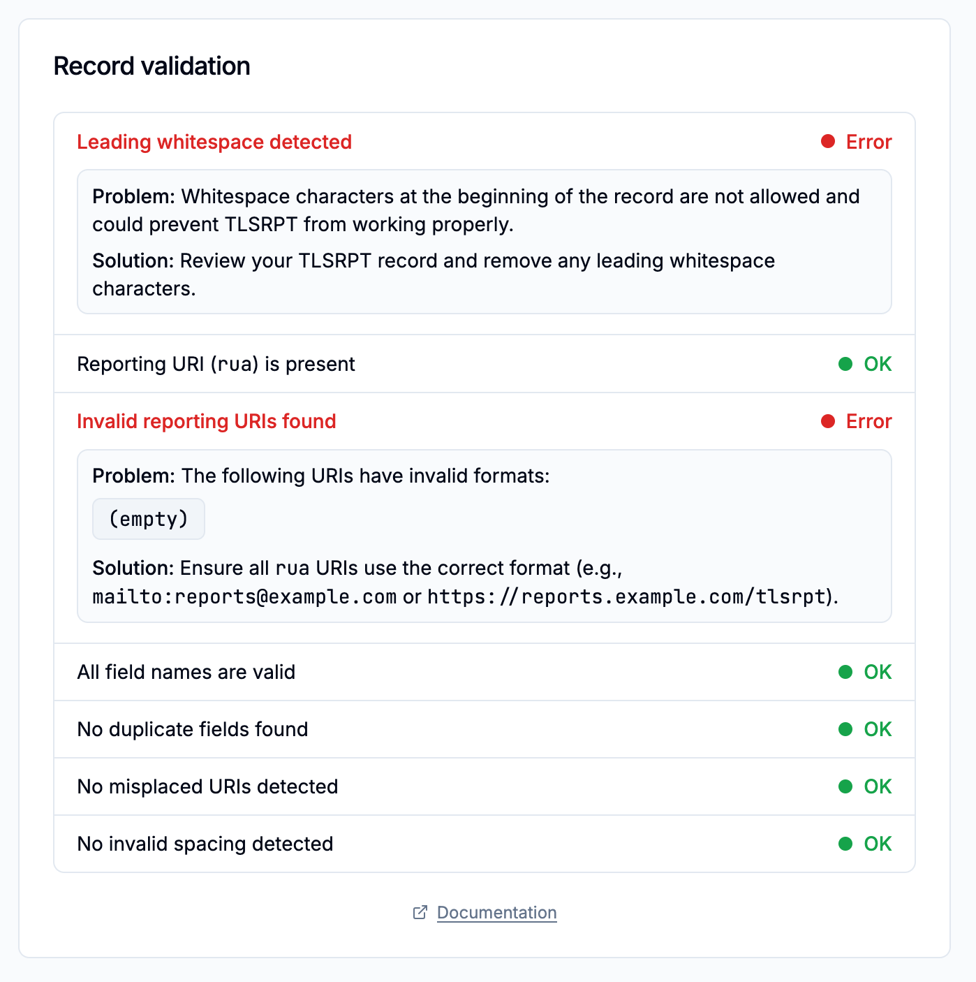 TLSRPT record validation issues list example